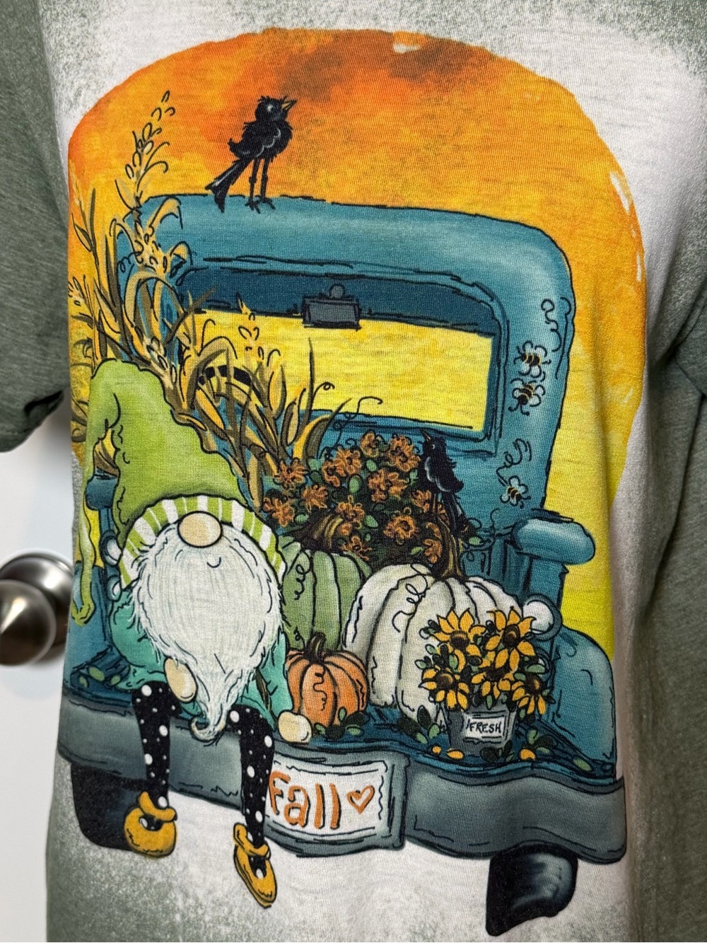 Gildan Softstyle Fall Gnome Graphic T-Shirt | Olive Green | Size Medium - Picture 3 of 6